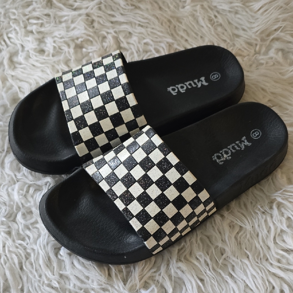 Mudd Black and White Checkered Slide Sandals